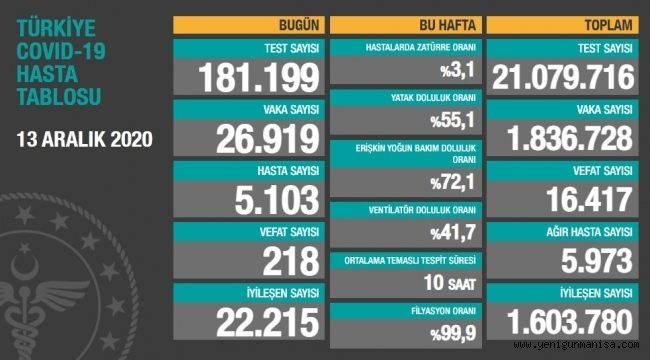 13  ARALIK KORONA VAKA SAYISI